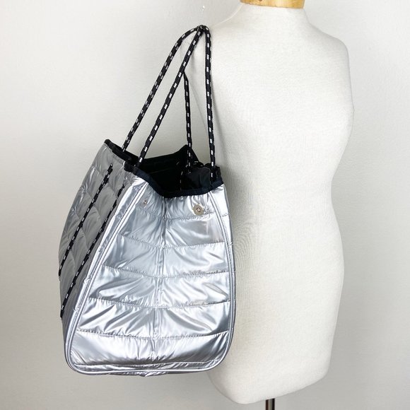 Puffer Metallic Silver Nylon Large Tote Puffy - Picture 3 of 10